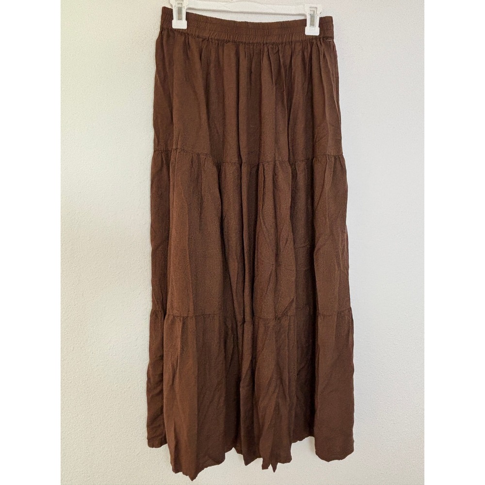 Crazy Cowgirl Brown Rayon Tiered Maxi Skirt Elastic Waist Western Boho Medium